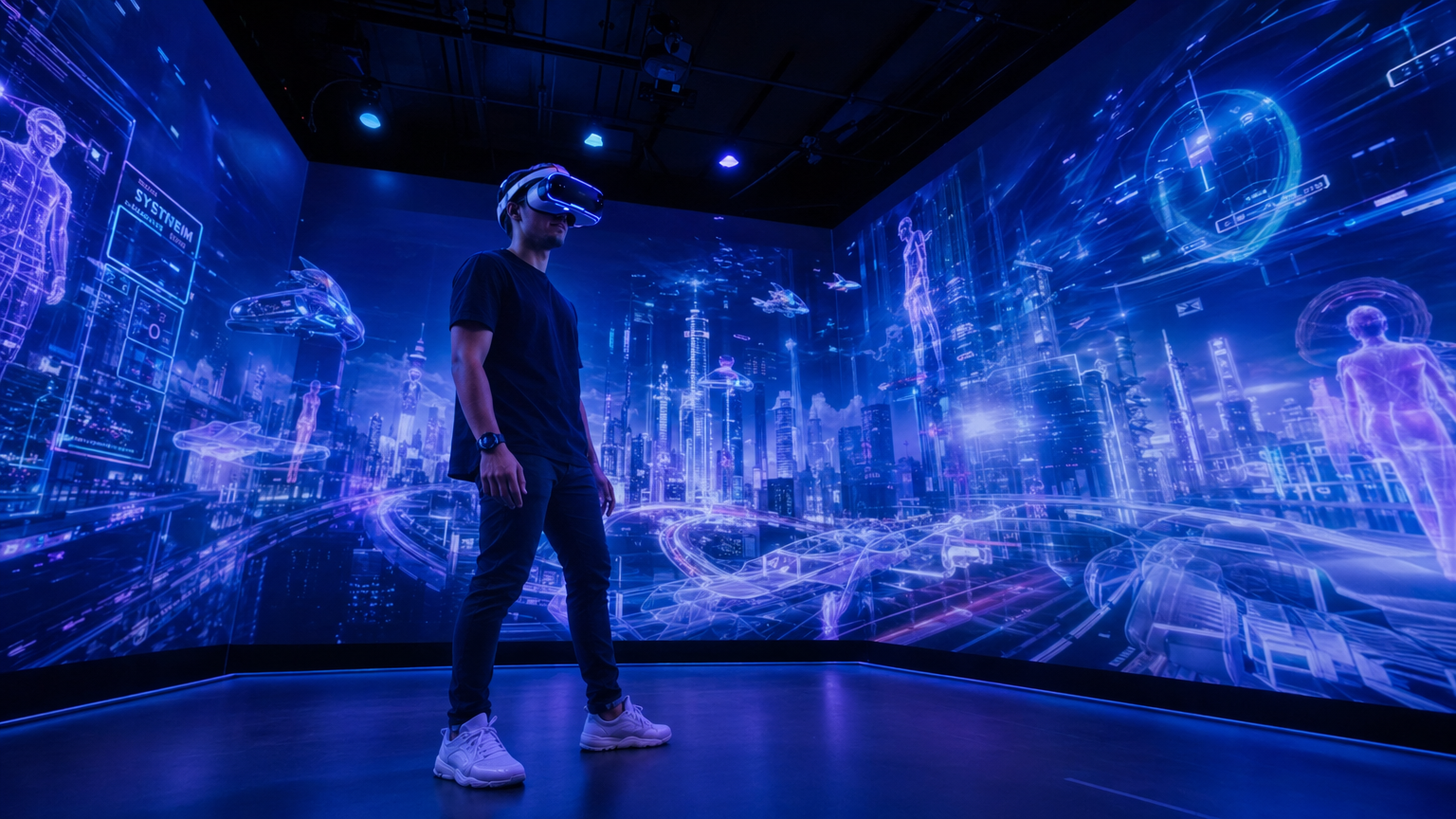 Person experiencing virtual reality in a futuristic environment