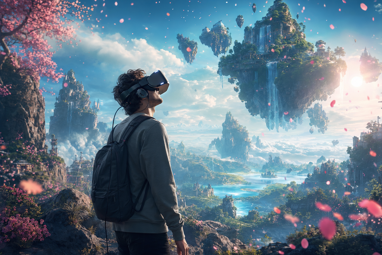 Person immersed in a virtual reality landscape